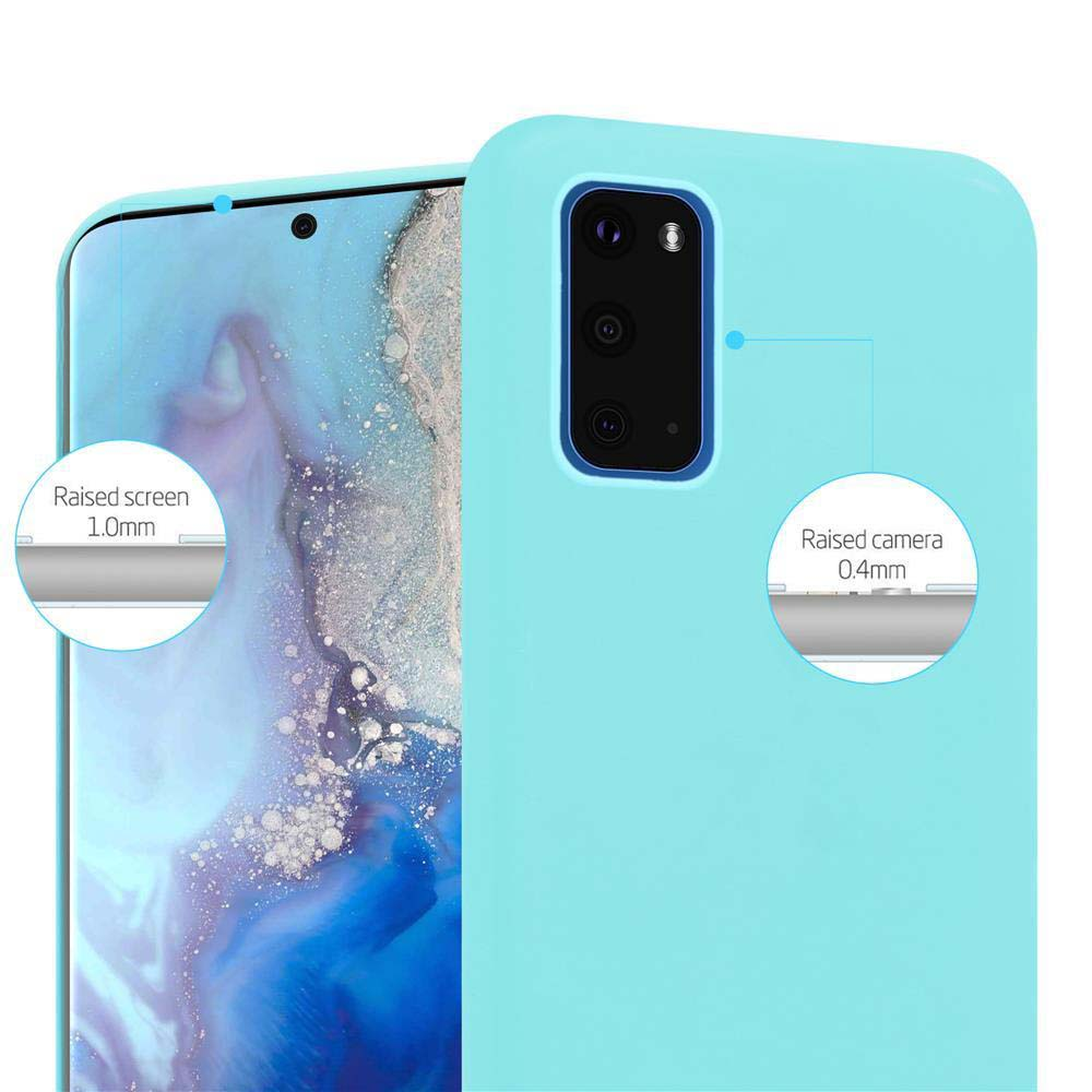 Un telefono azzurro con schermo e fotocamera rialzati. Lo schermo rialzato di 1,0 mm, la fotocamera di 0,4 mm.