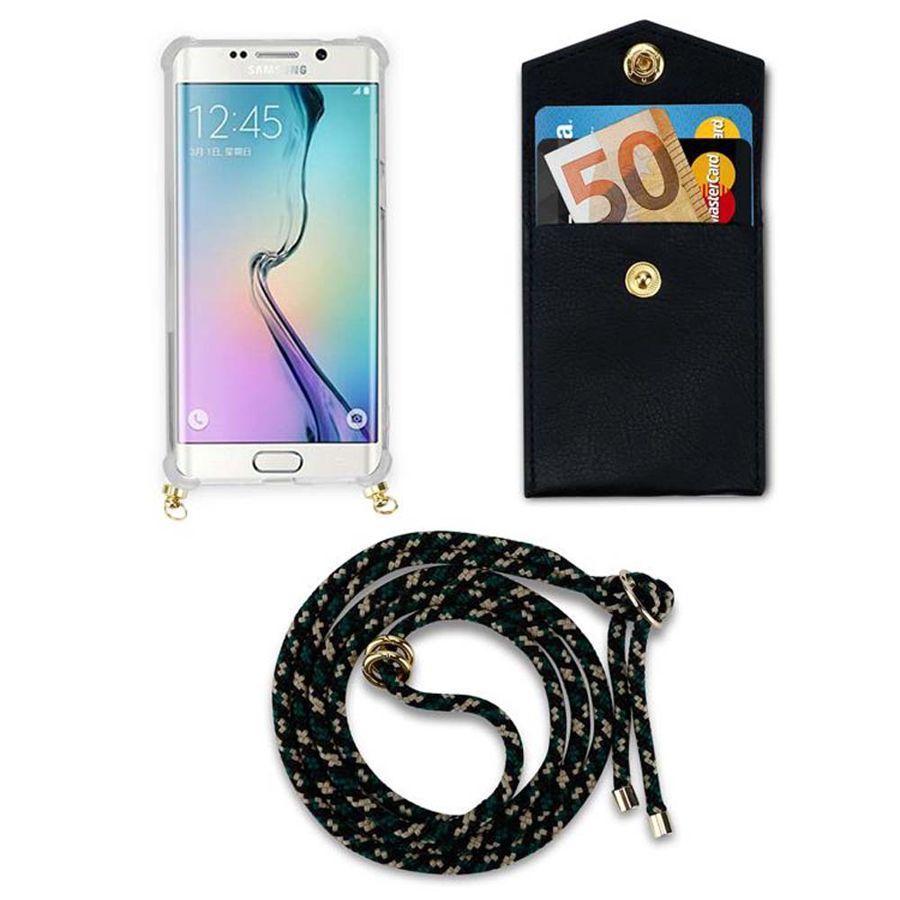 Un telefono con cinturino, un piccolo portafoglio e un telefono con custodia trasparente con cinturino.