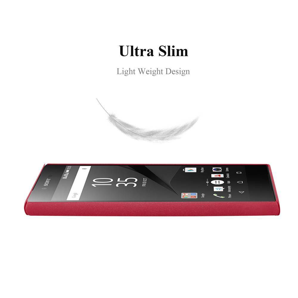 Ein rotes Telefon auf weißem Untergrund. Das Telefon zeigt Symbole und Text an.