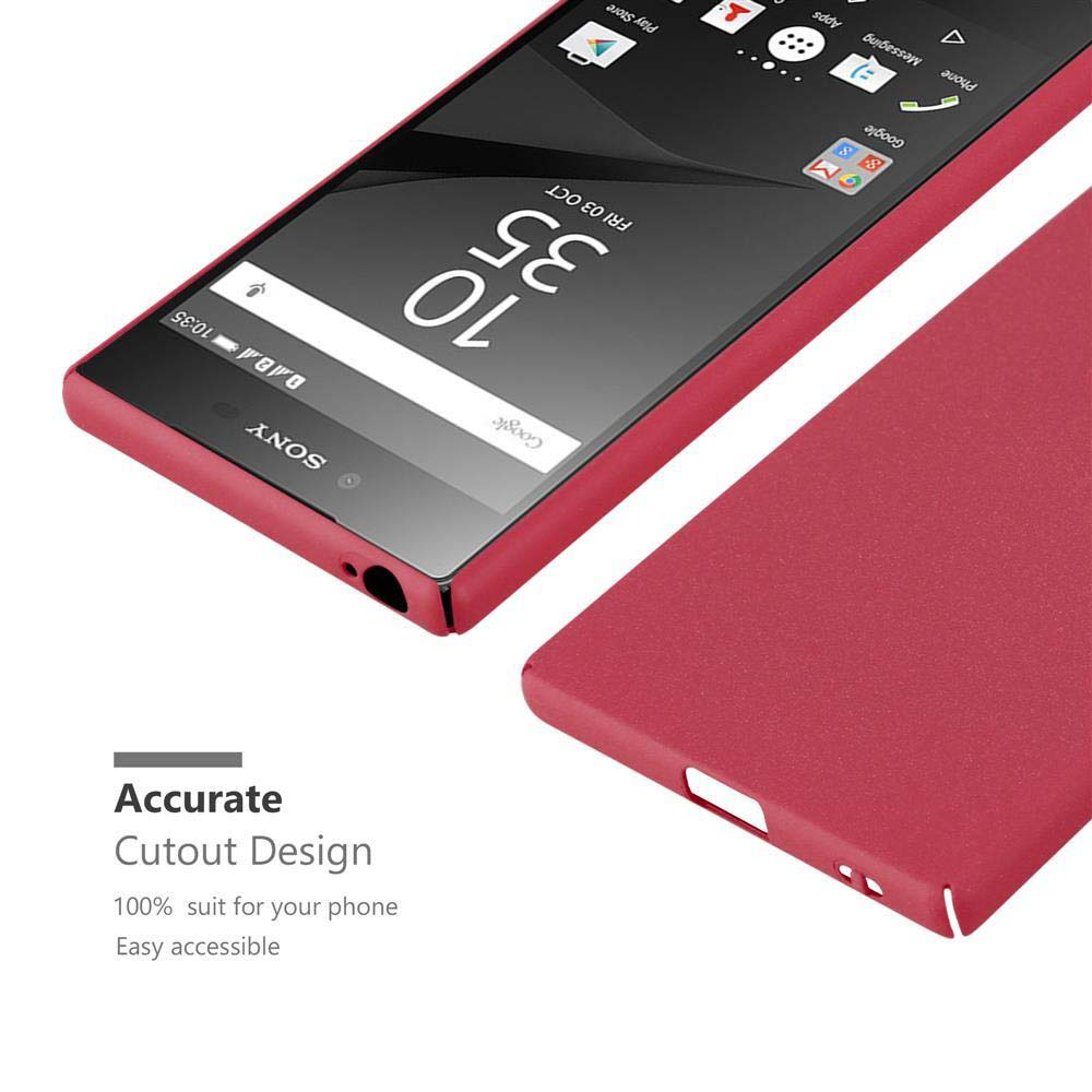 Ein rotes Telefon mit einem Bildschirm, der 10:35 anzeigt. Daneben eine rote Handyhülle. Text: Accurate Cutout Design.