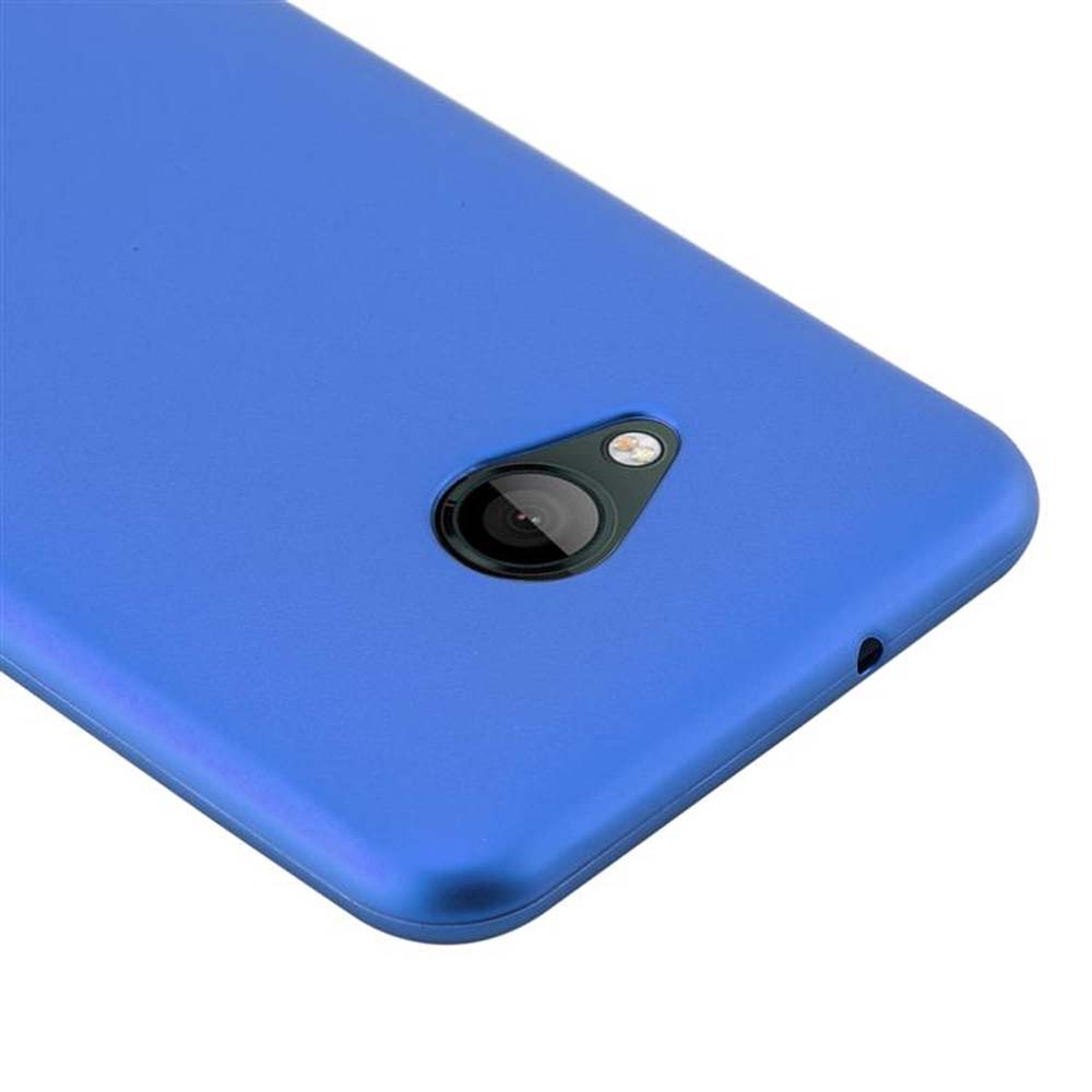 Una custodia blu per telefono. Il retro mostra la fotocamera, il flash e un piccolo foro.
