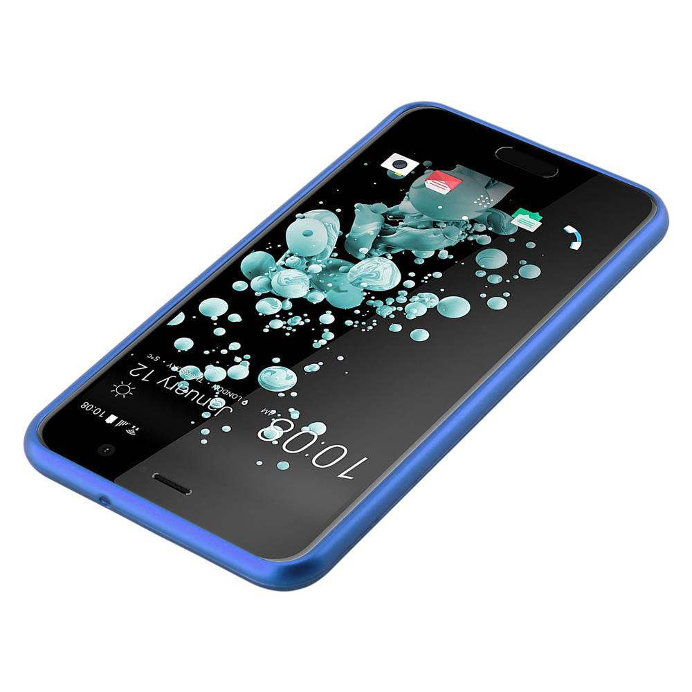 Custodia per telefono blu con un telefono all'interno. Il telefono mostra l'ora e alcune icone delle app.