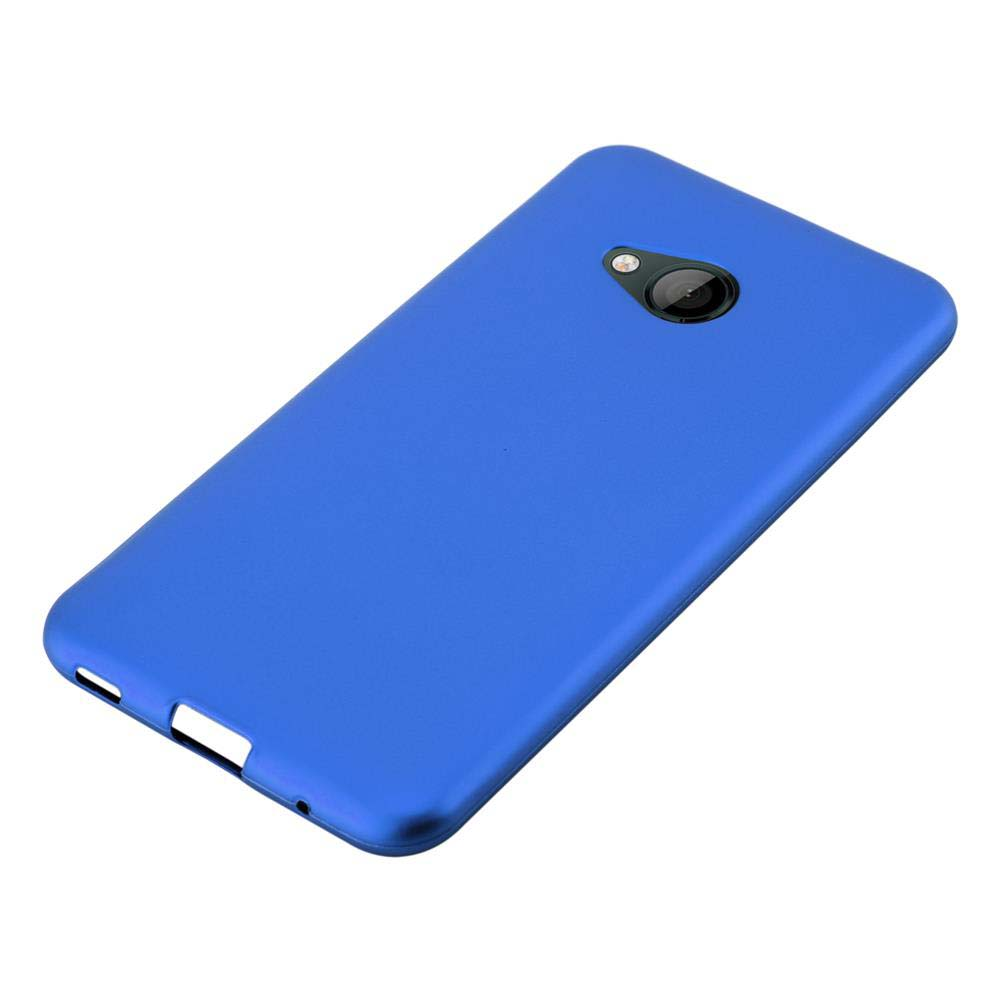 Una custodia per telefono blu. La custodia del telefono è su sfondo bianco.