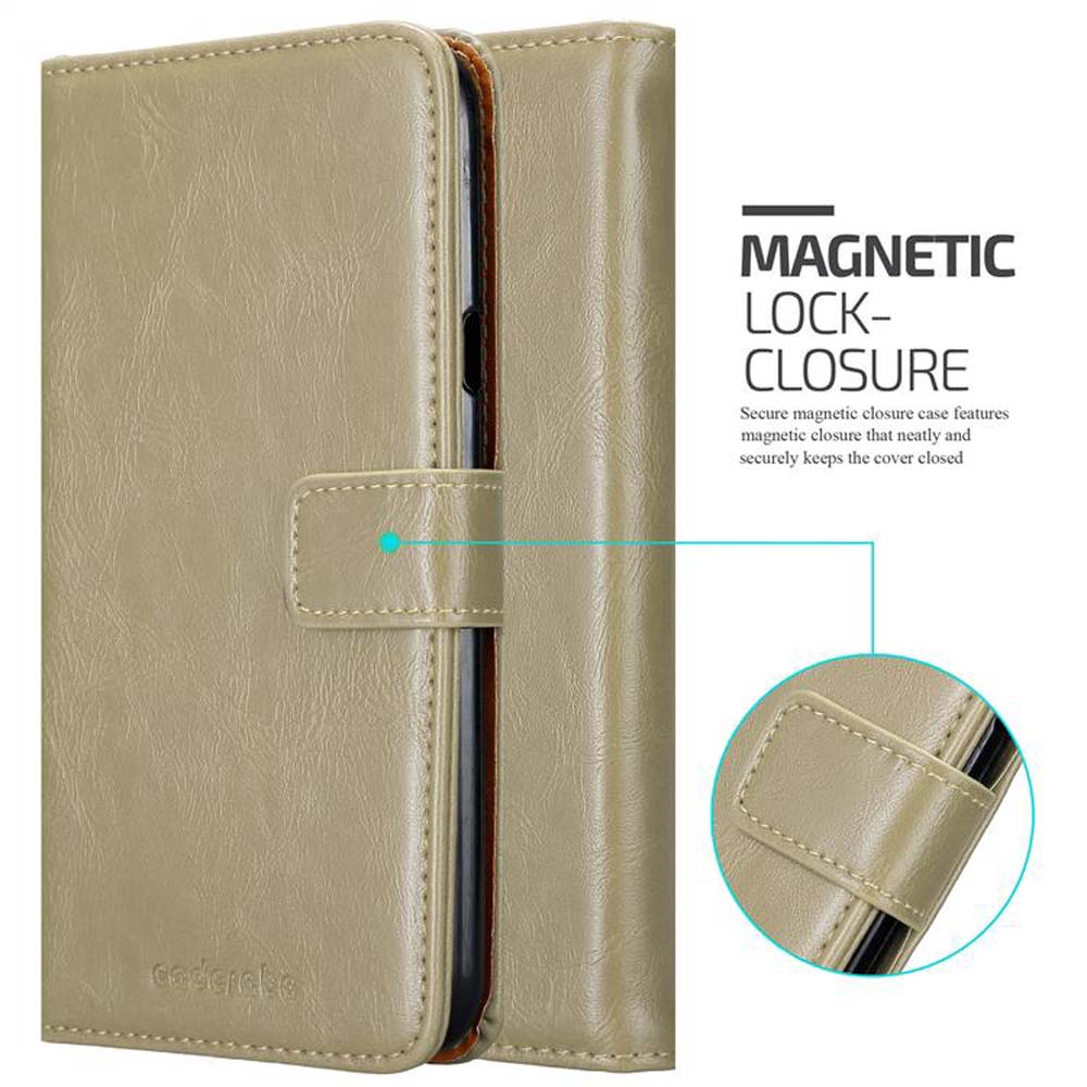 Una custodia beige per telefono con chiusura magnetica. La custodia è aperta.