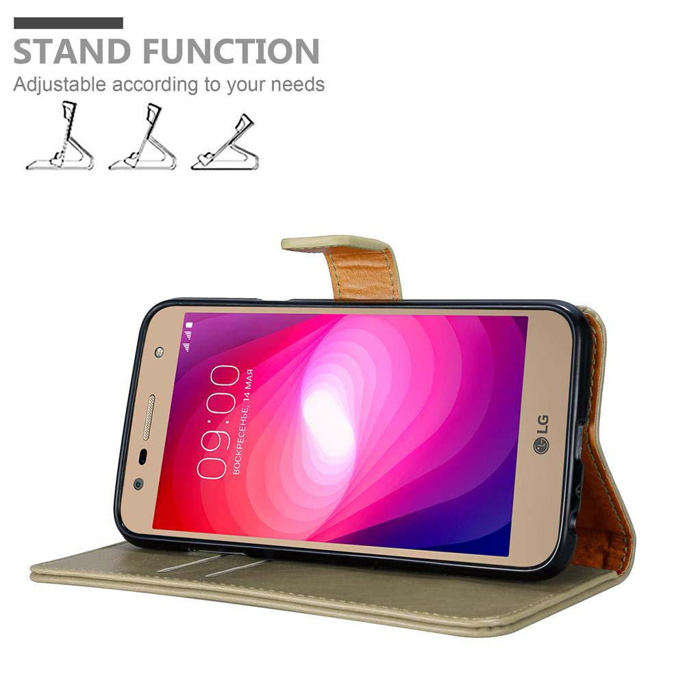 Telefono in una custodia marrone chiaro, aperto per mostrare lo schermo. Testo: Funzione stand. Tre posizioni.