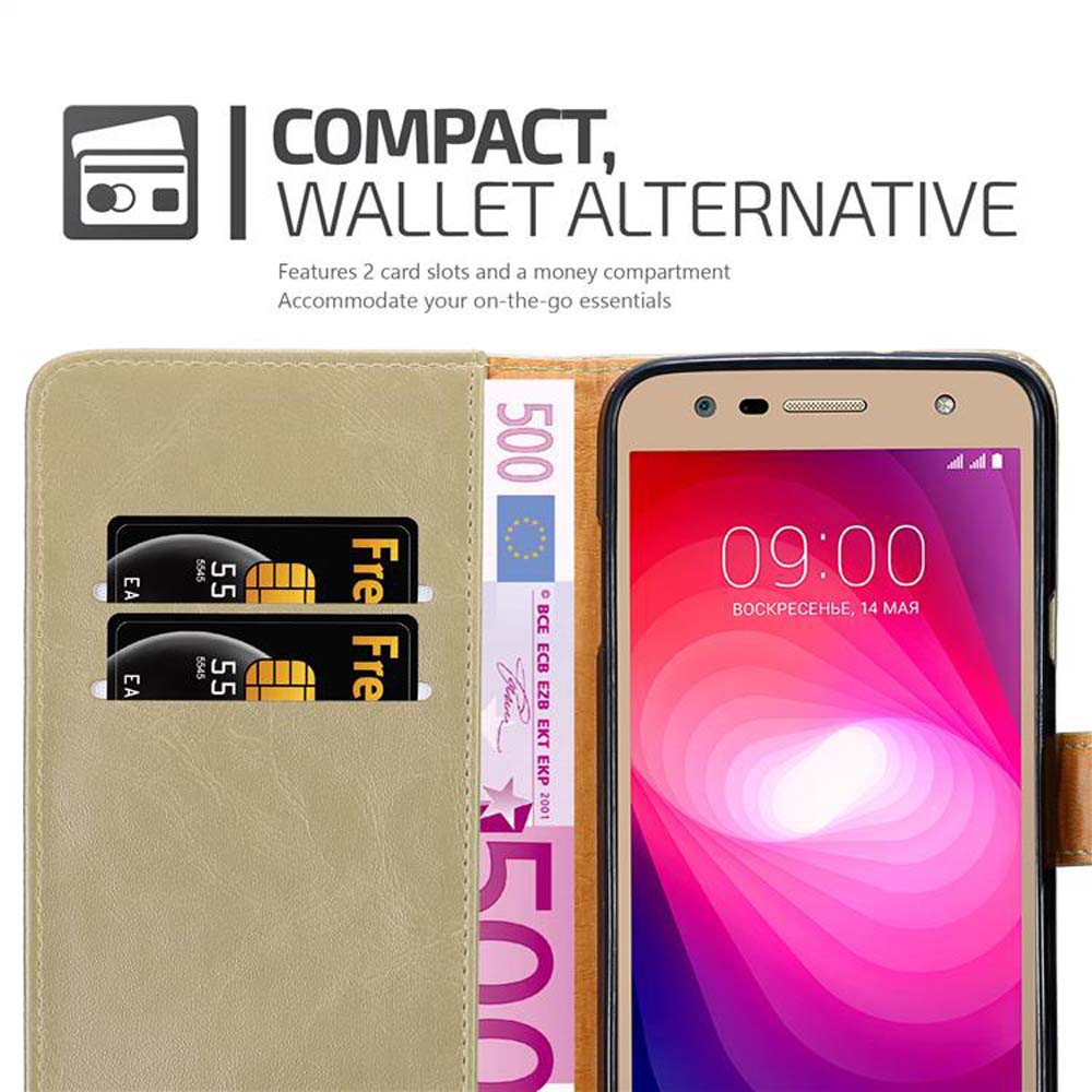 Telefono in custodia, denaro e carte. Testo: Alternativa portafoglio compatto. 2 slot carte e vano contanti.