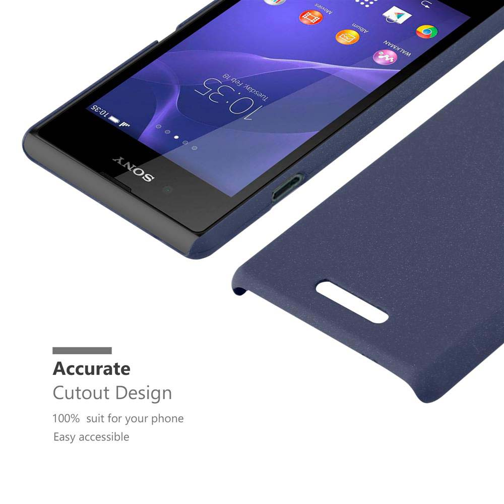 Eine blaue Handyhülle mit einem Telefon darin. Die Hülle hat ein Ausschnittdesign und Text.