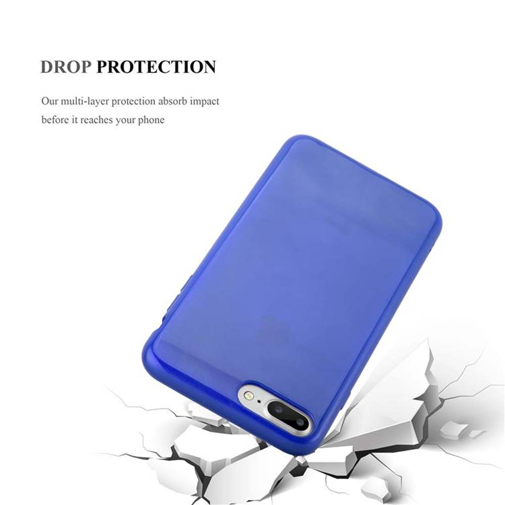 Una funda azul con un teléfono dentro, que descansa sobre una superficie y la rompe.