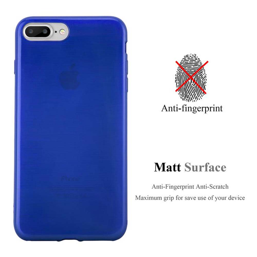 Funda de teléfono azul sobre una superficie blanca. Símbolo de huella dactilar con una X roja. Superficie mate, anti-huellas, anti-arañazos.