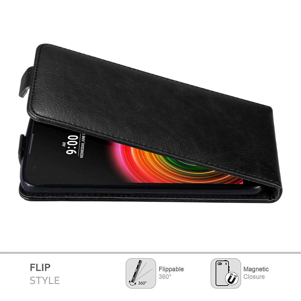 Schwarze Flip-Handyhülle geöffnet, Telefonbildschirm zeigend. Magnetverschluss und Flip-Design.