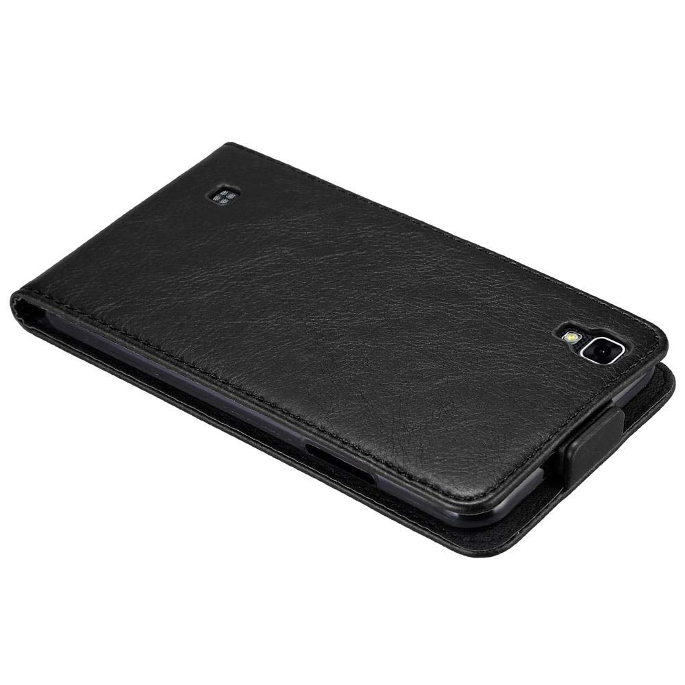 Schwarze Handyhülle mit Telefon, auf weißer Oberfläche.