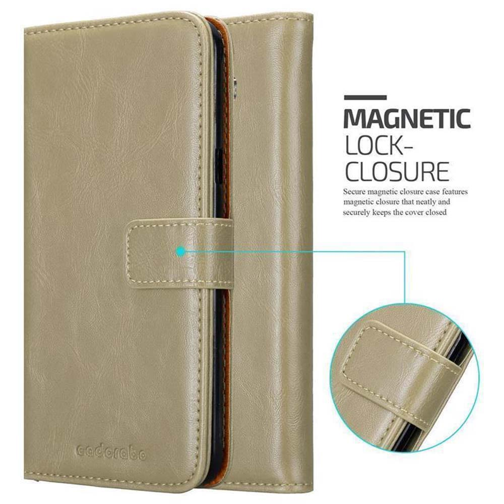Una custodia beige con chiusura magnetica. La custodia è aperta.