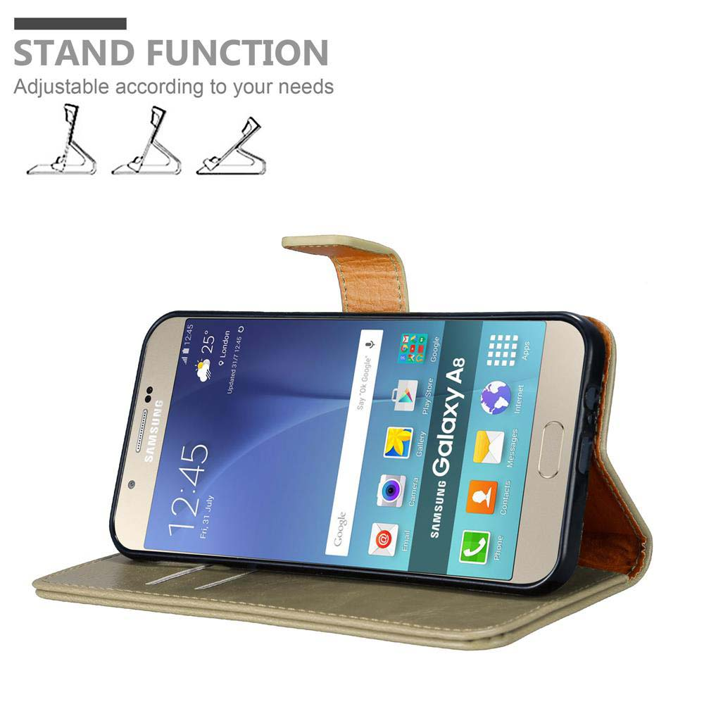 Telefono in custodia, aperto, mostra ora e app. Testo e icone della funzione stand visibili.