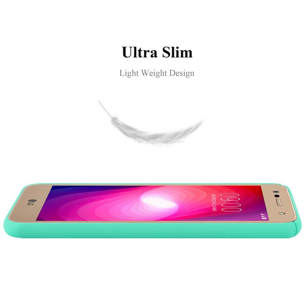 Uno smartphone in una custodia color teal con una grafica a forma di piuma. È su sfondo bianco.