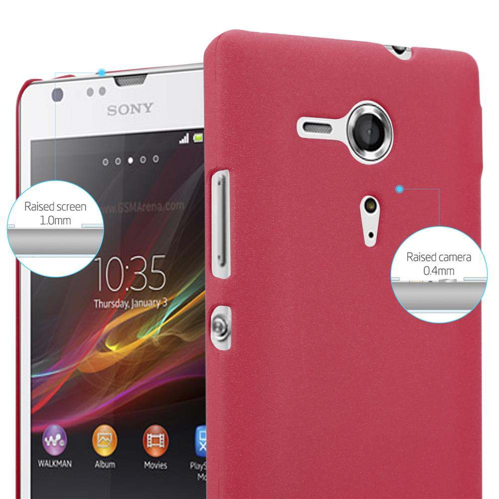 Funda roja para teléfono con teléfono. El texto dice Pantalla elevada 1,0 mm y Cámara elevada 0,4 mm.