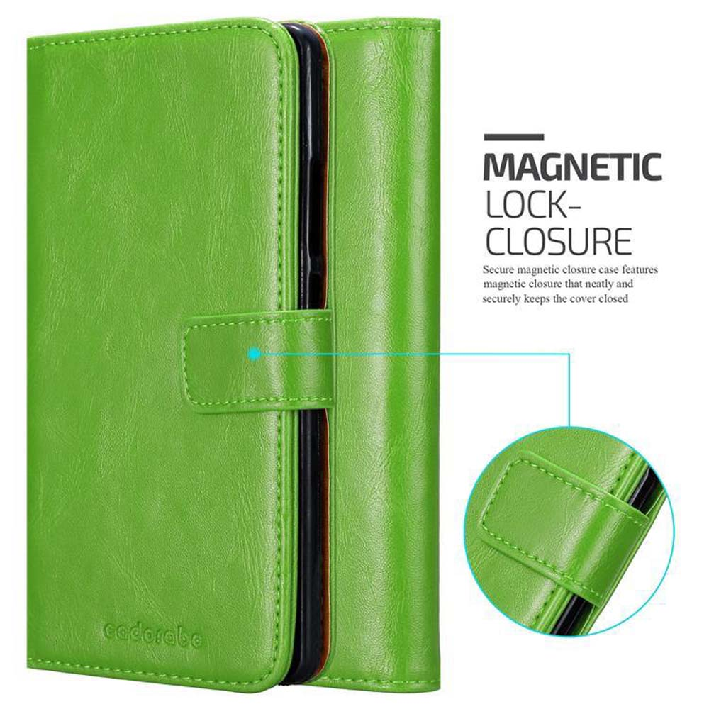 Custodia per telefono in pelle verde con chiusura magnetica. Testo: Chiusura magnetica. Sicuro.