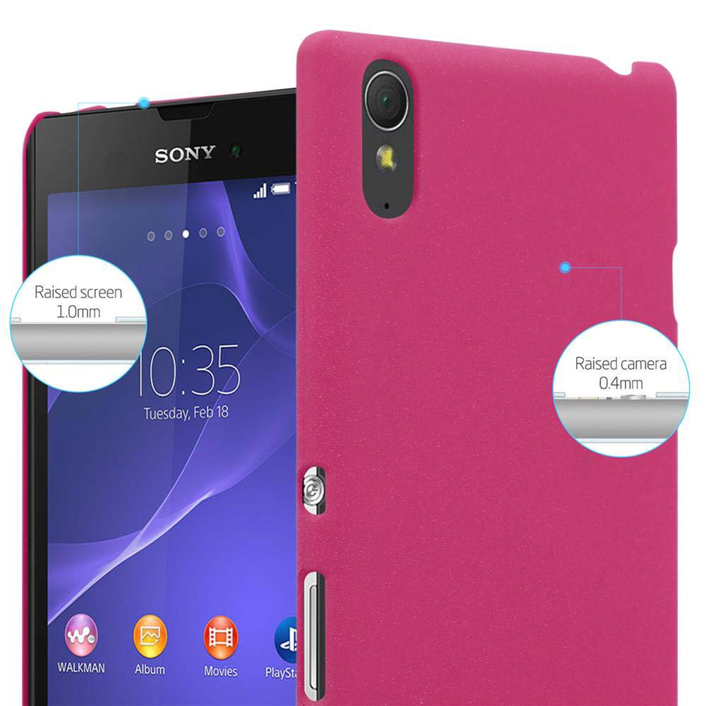 Rosa Telefon in rosa Hülle. Erhöhter Bildschirm und Kameradetails werden angezeigt. Der Bildschirm zeigt Text an.