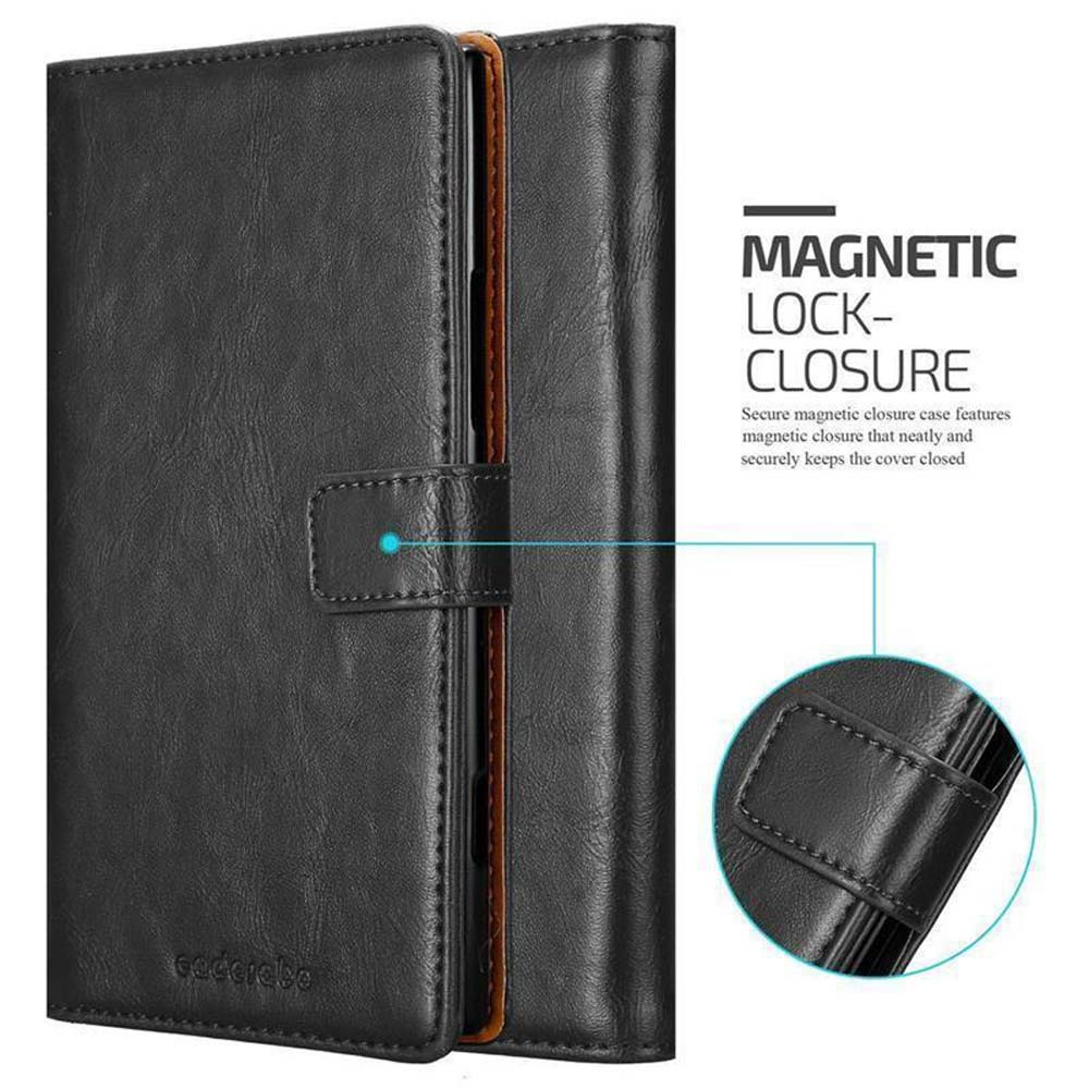 Custodia per telefono in pelle nera con chiusura magnetica. Testo: Chiusura magnetica. Ha un bordo marrone.