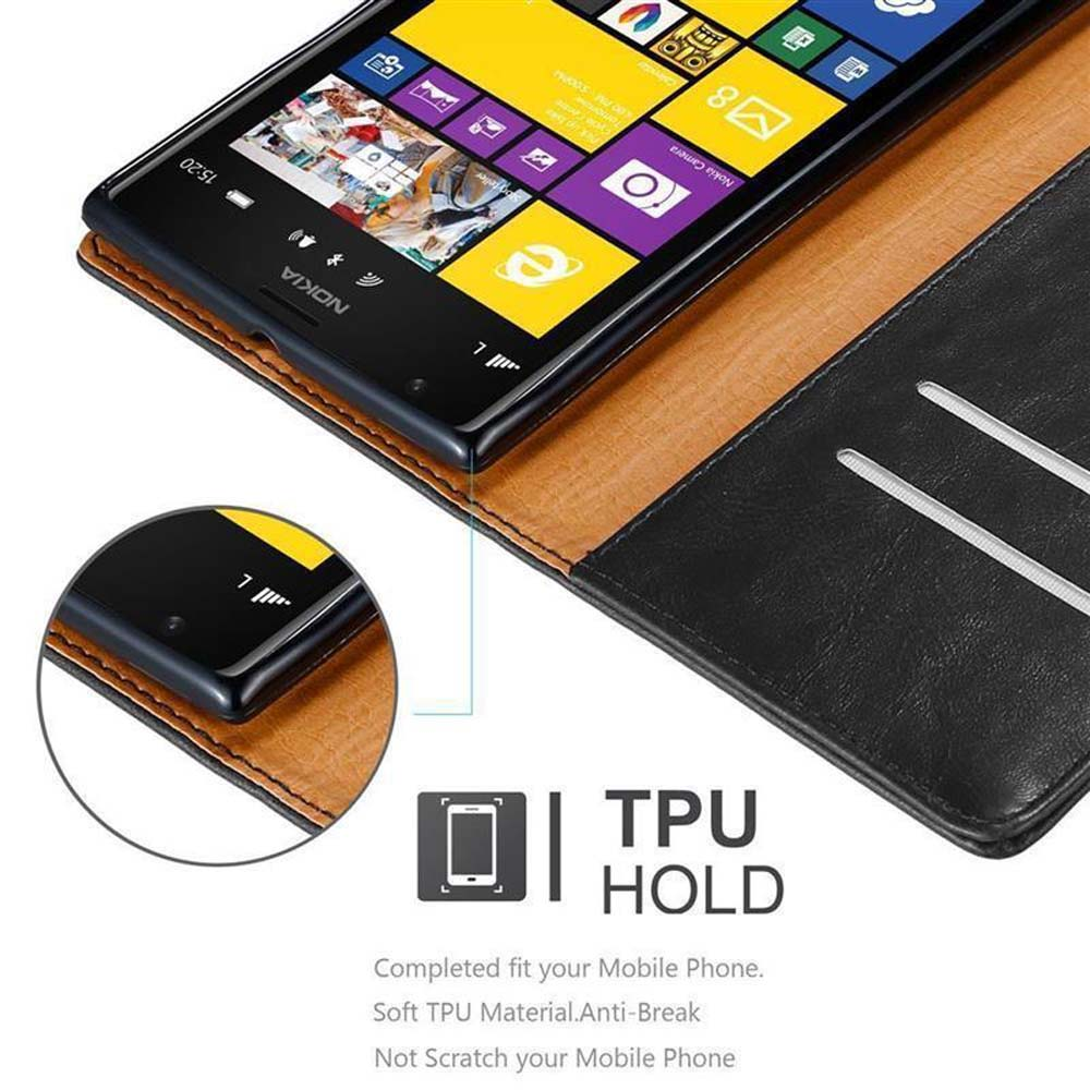 Telefono in una custodia marrone con un supporto in TPU. La custodia è aperta e il telefono è visibile.