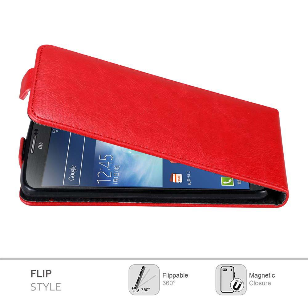 Custodia rossa, aperta, su una superficie bianca, che rivela il telefono. Testo: Flip Style, 360°.