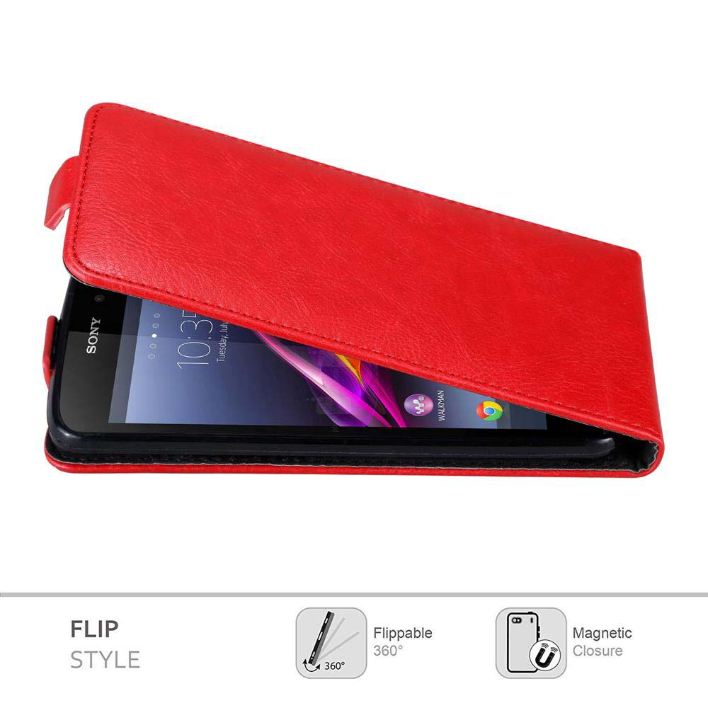 Rote Flip-Handyhülle mit einem Telefon darin. Zu den Merkmalen gehören umklappbar und ein Magnetverschluss.