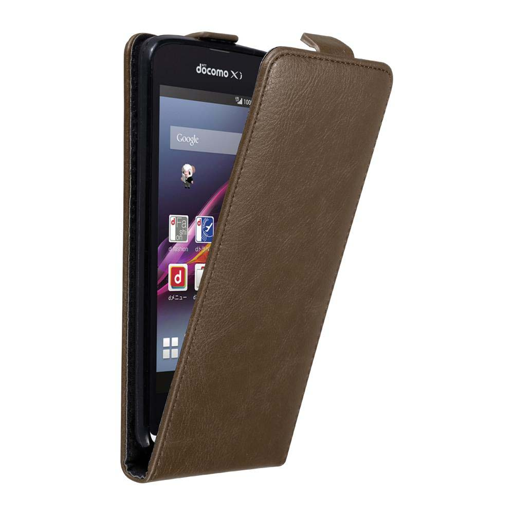 Schwarzes Smartphone in brauner Lederhülle, teilweise geöffnet, Bildschirm anzeigend.