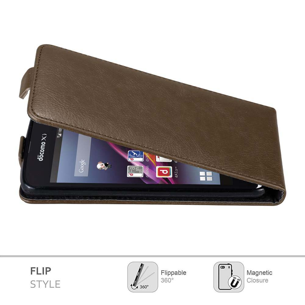 Braune Leder-Flip-Handyhülle, offen, mit Telefon, das den Bildschirm zeigt. Text "Flip Style" und Verschluss.