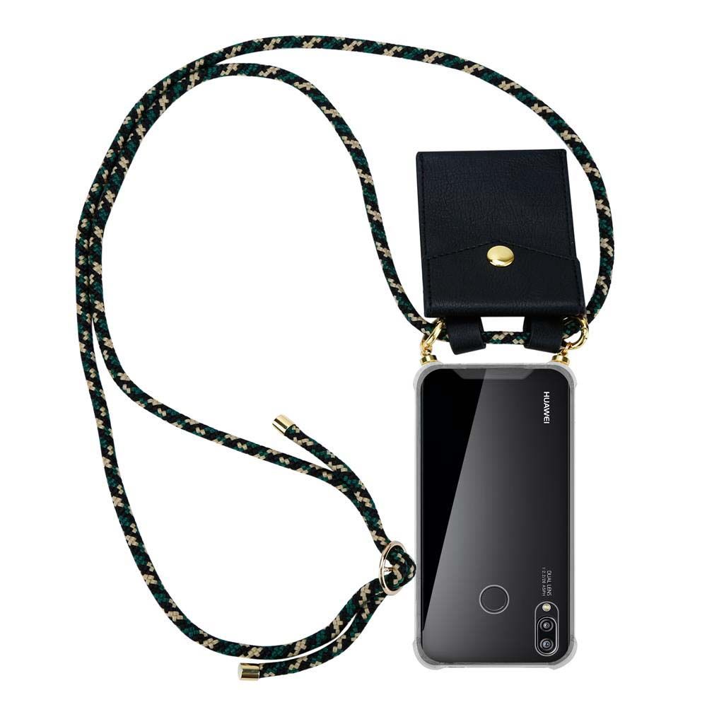 Telefono con cinturino e piccola custodia. Il cinturino è verde e nero.