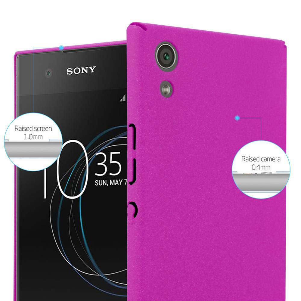 Un telefono viola con una custodia, che mostra le misure del bordo rialzato dello schermo e della fotocamera.