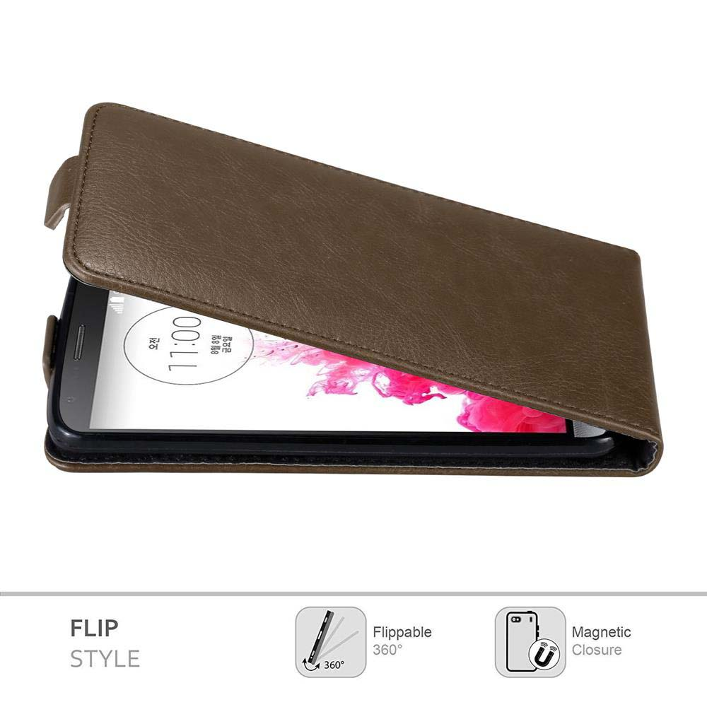 Custodia per telefono marrone a libro con telefono all'interno. Testo: Stile a libro. Ha una chiusura magnetica.