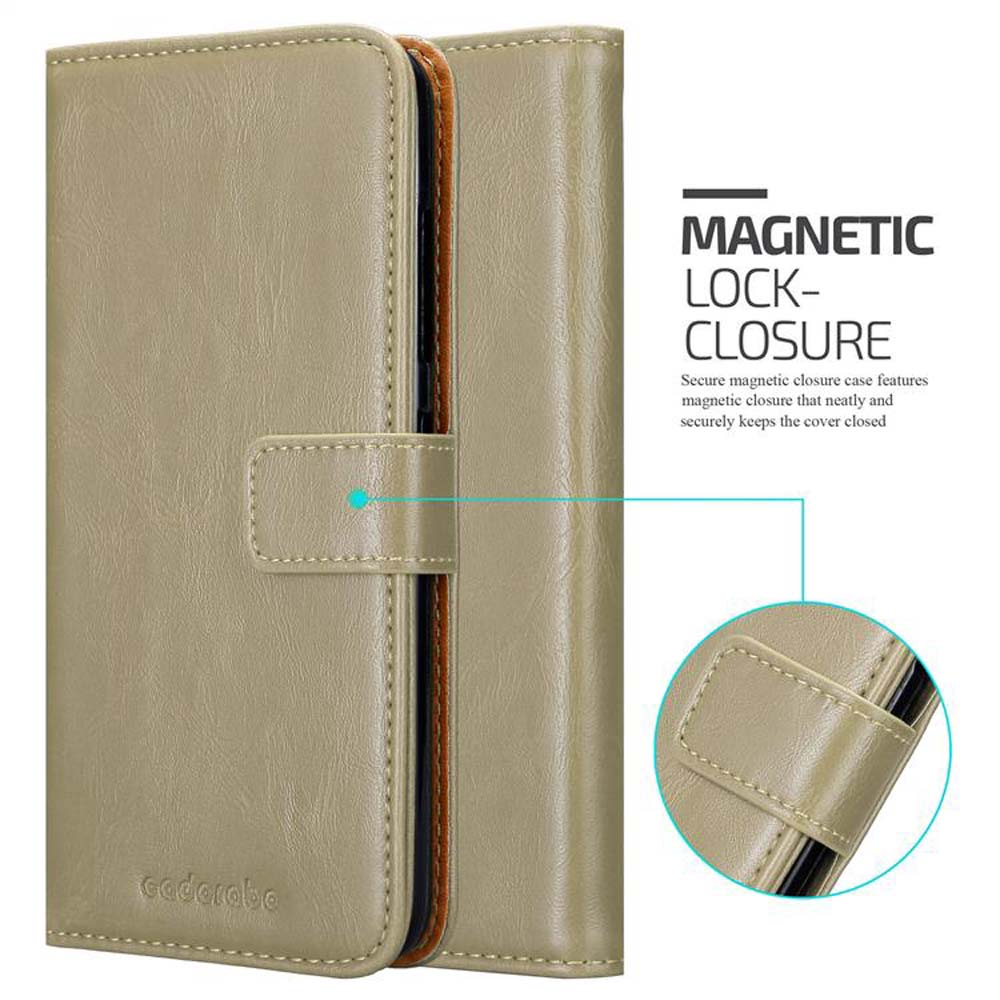 Custodia beige per telefono con chiusura magnetica. Testo: Chiusura magnetica, chiusura sicura.