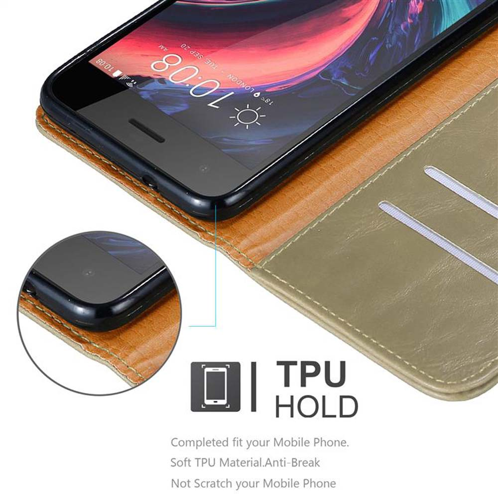 Un telefono in una custodia marrone, parzialmente visibile. Testo: 'TPU HOLD'.