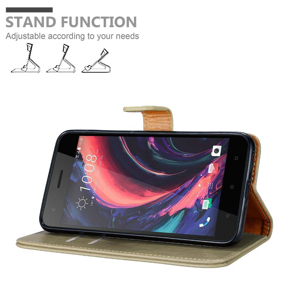 Telefono in una custodia beige, appoggiato. Il testo indica la funzione stand regolabile.