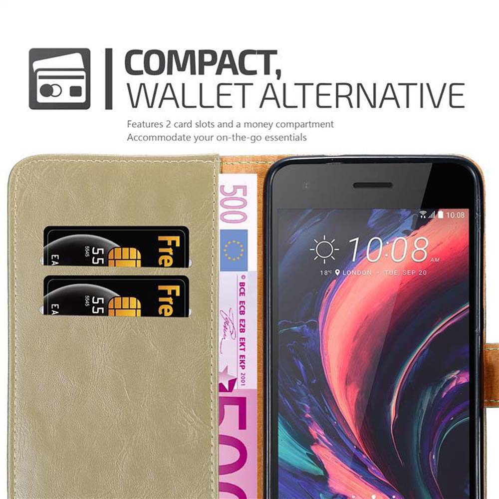 Custodia per telefono con due slot per carte e scomparto per denaro, con testo: Alternativa compatta al portafoglio.