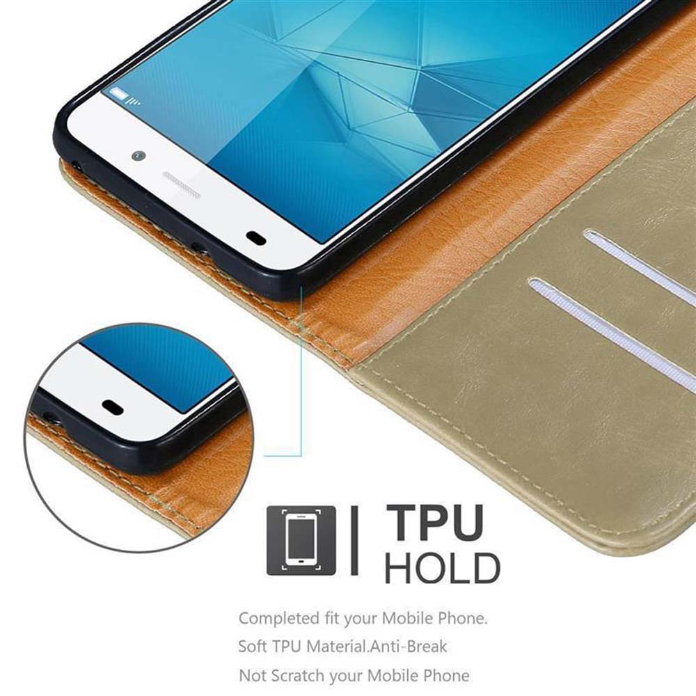 Telefon in einer Hülle. Das Telefon liegt auf einem Tisch. Die Hülle ist geöffnet und zeigt den Bildschirm.