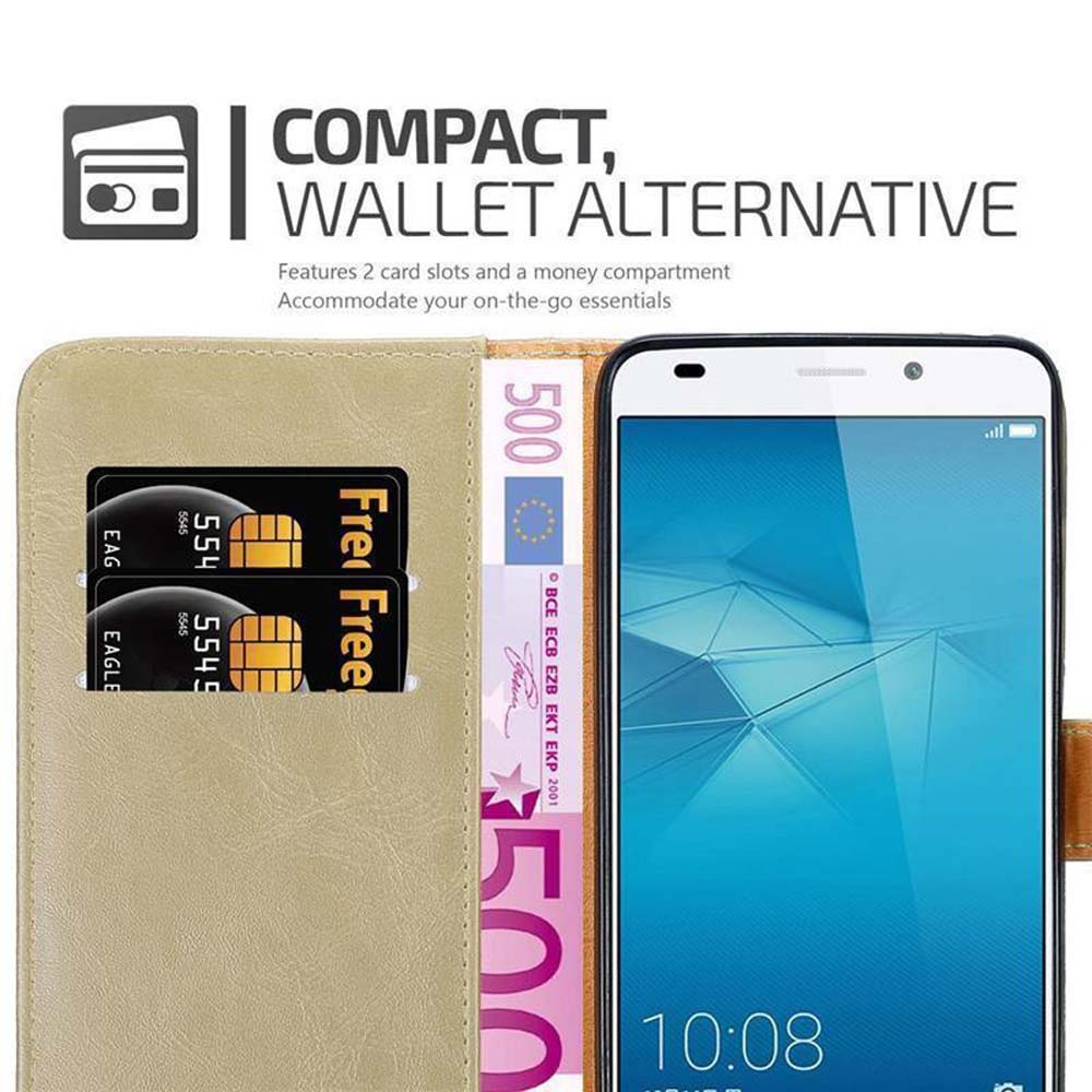 Ein Telefon in einer Brieftaschen-Hülle, mit Karten und Geld sichtbar. Der Text lautet 'COMPACT, WALLET ALTERNATIVE' und weitere Details.