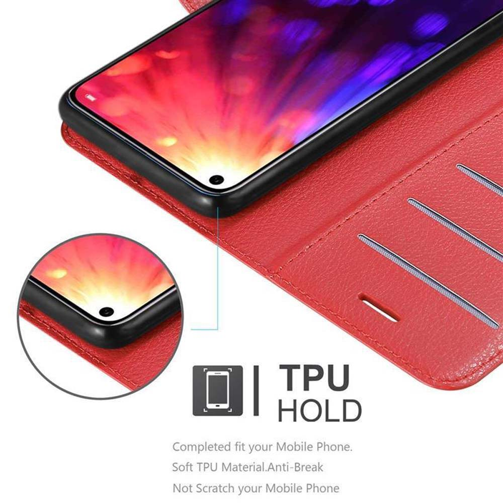 Rote Handyhülle mit Telefon darin auf weißem Hintergrund.
