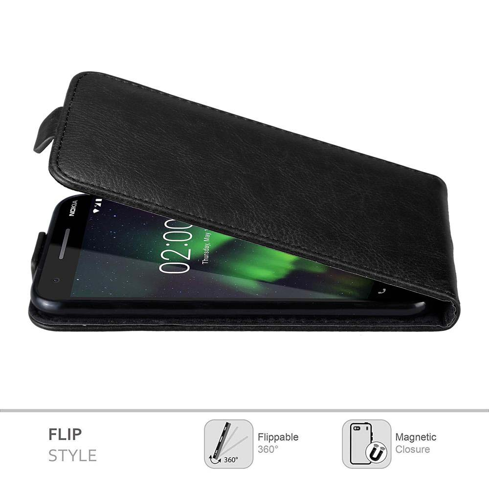 Custodia per telefono nera, aperta. Il telefono è dentro. La custodia ha una chiusura magnetica.