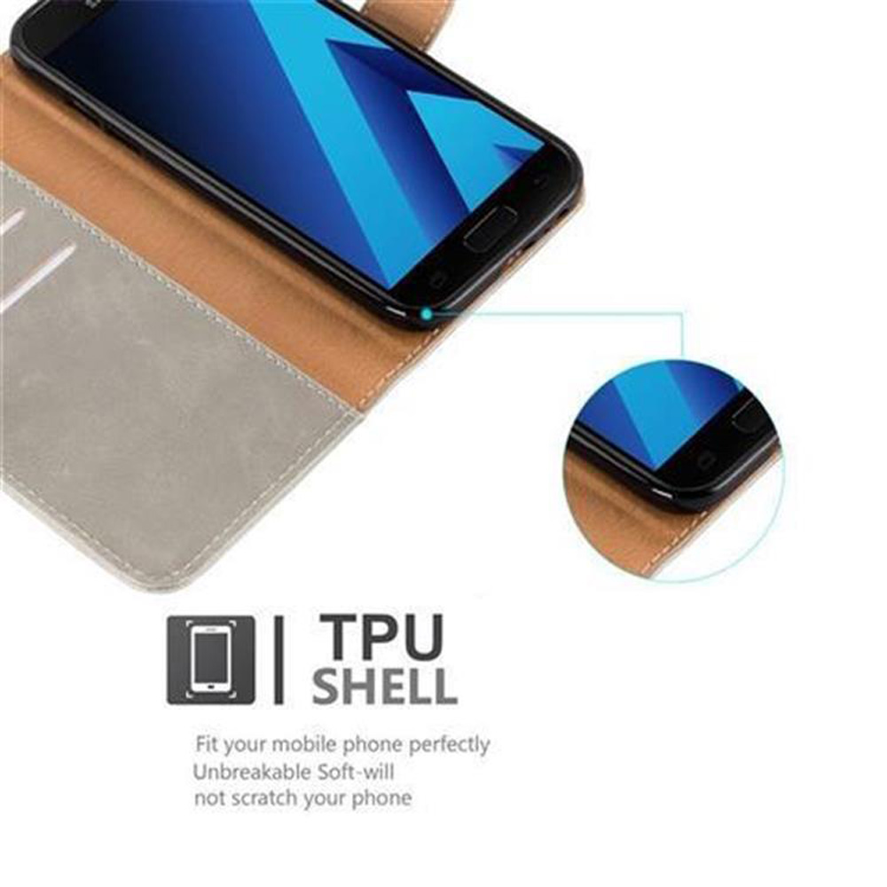 Schwarzes Telefon mit Hülle auf grau-brauner Abdeckung. Text lautet TPU SHELL.