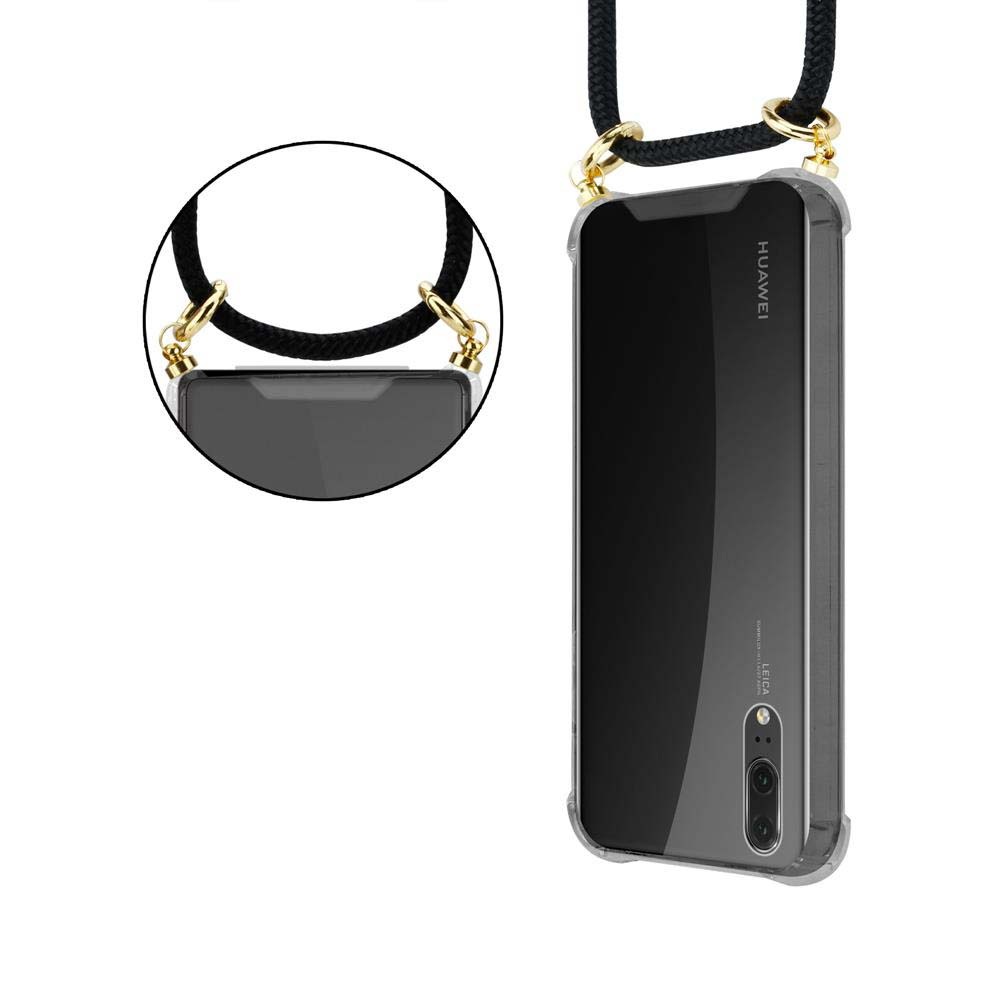 Telefono con custodia e cordino nero. Accenti oro sul cordino.
