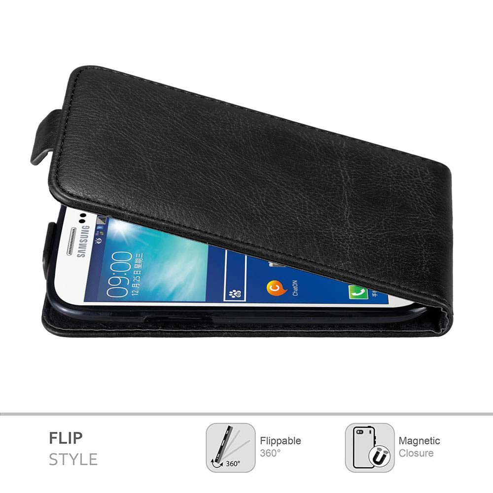 Schwarzes Telefon in einer Klapphülle. Der Bildschirm zeigt einen Startbildschirm. Die Hülle ist offen.