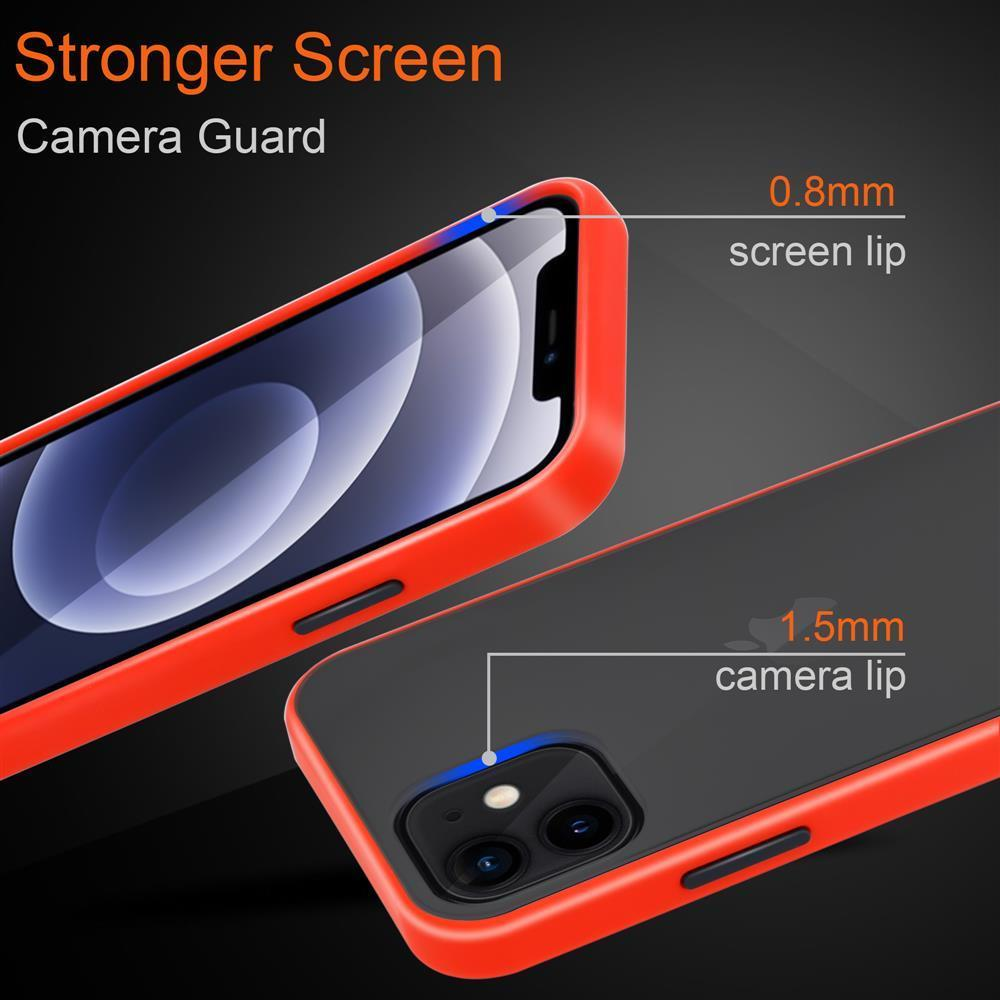 Telefono con custodia arancione e nera. Visualizza le misure dello schermo e del bordo della fotocamera di 0,8 mm e 1,5 mm.