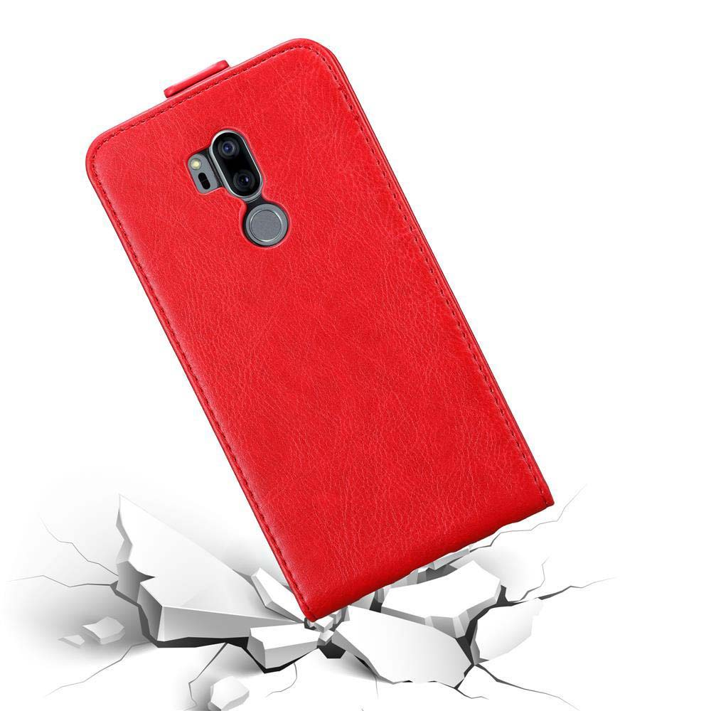 Rote Handyhülle fällt. Weißer Schutt. Text: Fallschutz. Weißer Hintergrund.
