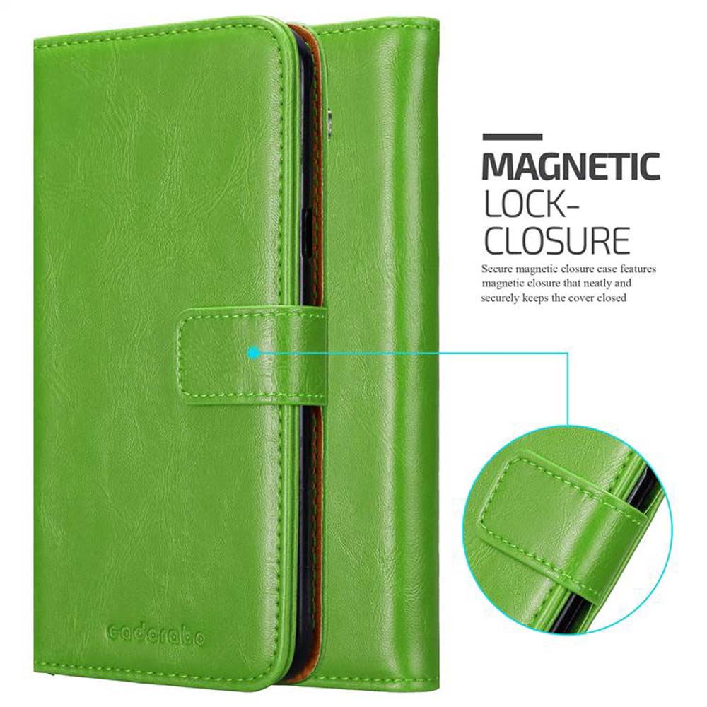 Viene mostrata una custodia verde per telefono, con la funzione di chiusura magnetica.