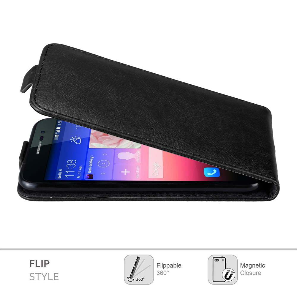 Schwarze Leder-Handyhülle, offen, zeigt ein Telefon mit Bildschirm auf weißem Hintergrund. Flip-Stil und Magnetverschluss.