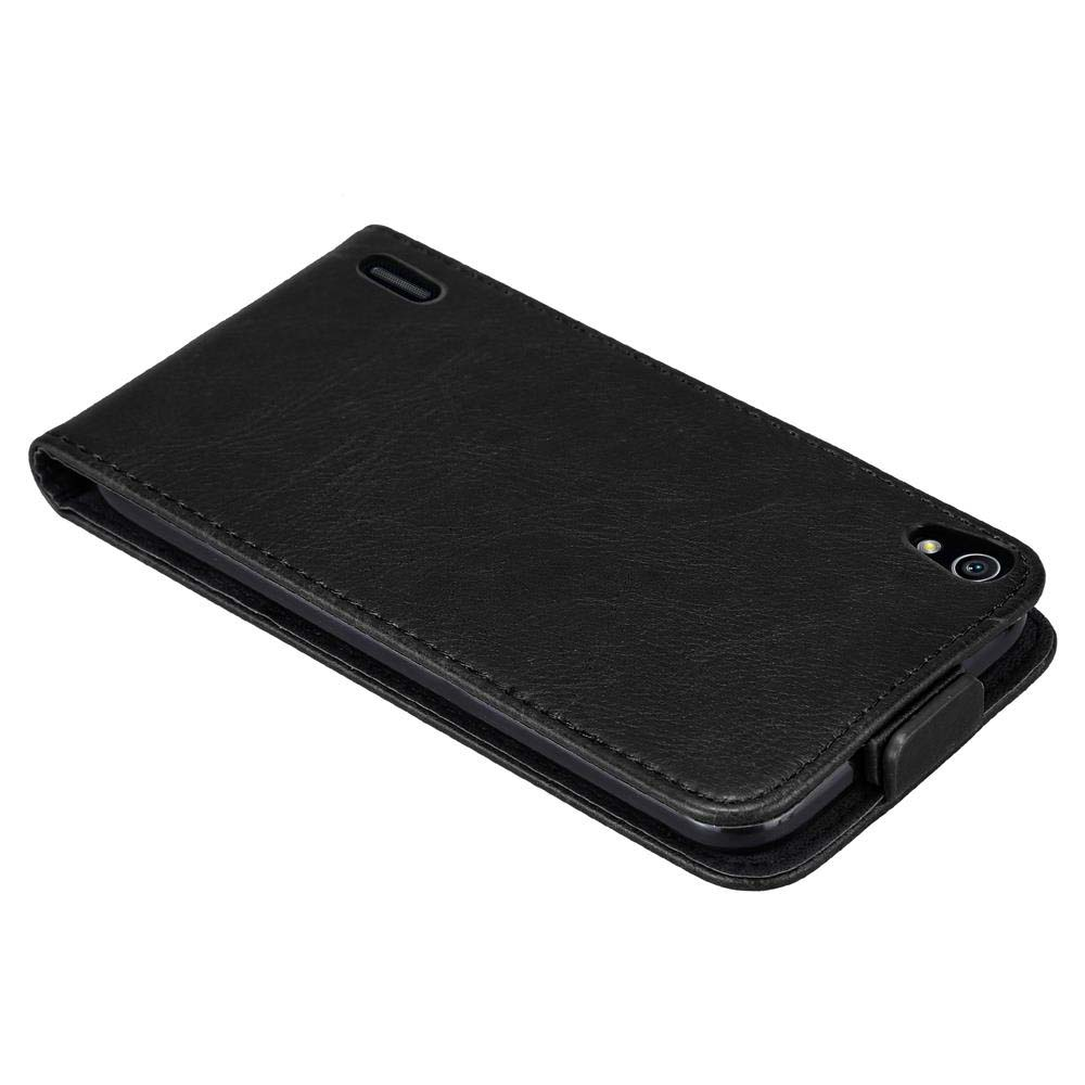 Eine schwarze Telefonhülle, geschlossen und angewinkelt, zeigt das äußere Design.