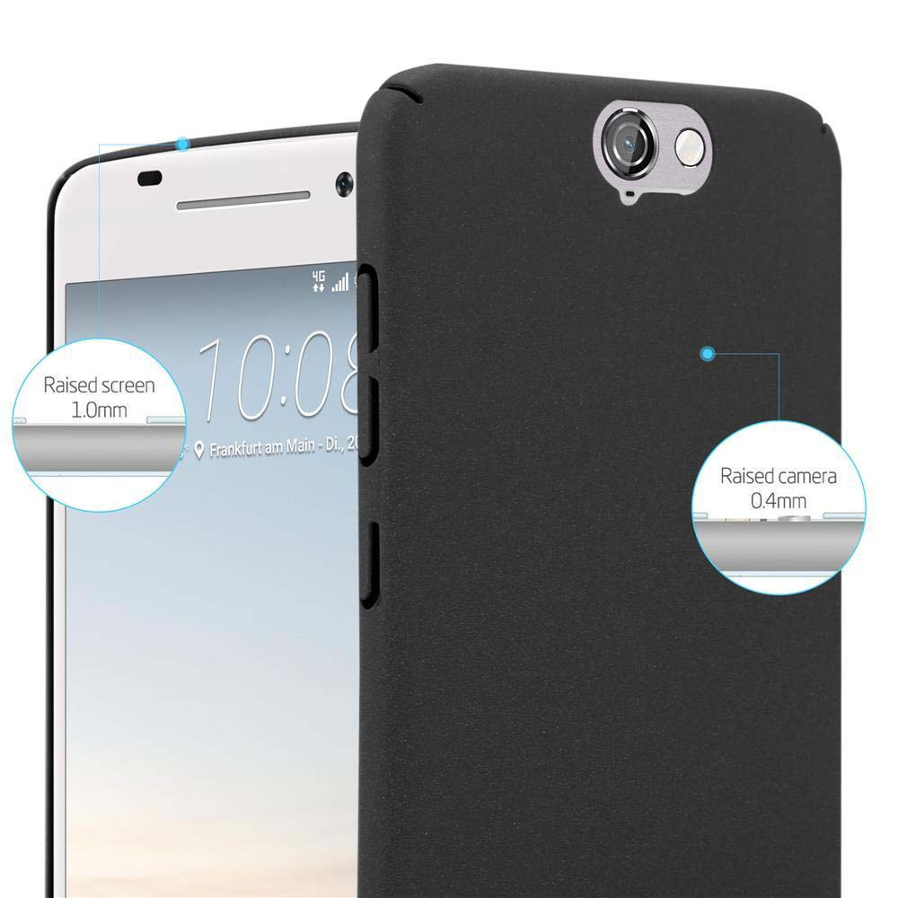 Un telefono nero in una custodia nera. I primi piani mostrano la protezione rialzata dello schermo e della fotocamera.
