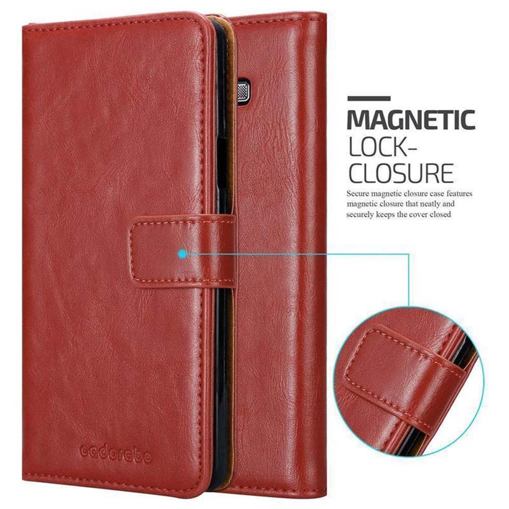 Una custodia per telefono rossa con chiusura magnetica. La custodia è chiusa. Dettagli della custodia.