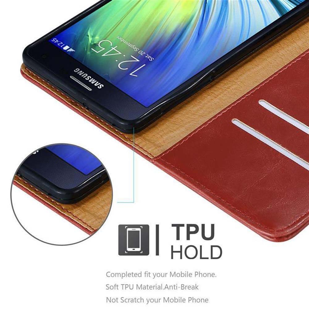Custodia aperta con telefono dentro. Interno marrone rossiccio e telefono nero. Testo: TPU Hold.