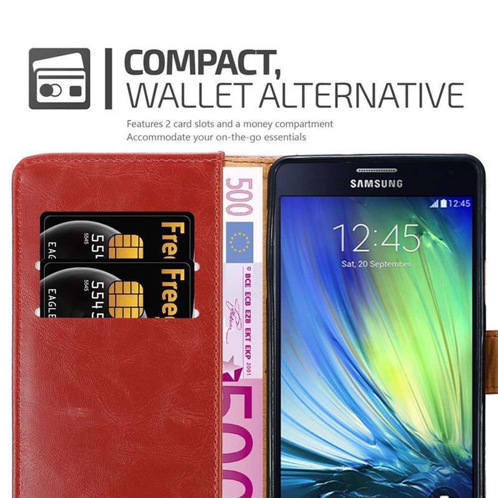 Telefono in custodia a portafoglio con carte e denaro. Testo: Compatto, Alternativa al portafoglio. Custodia rossa.